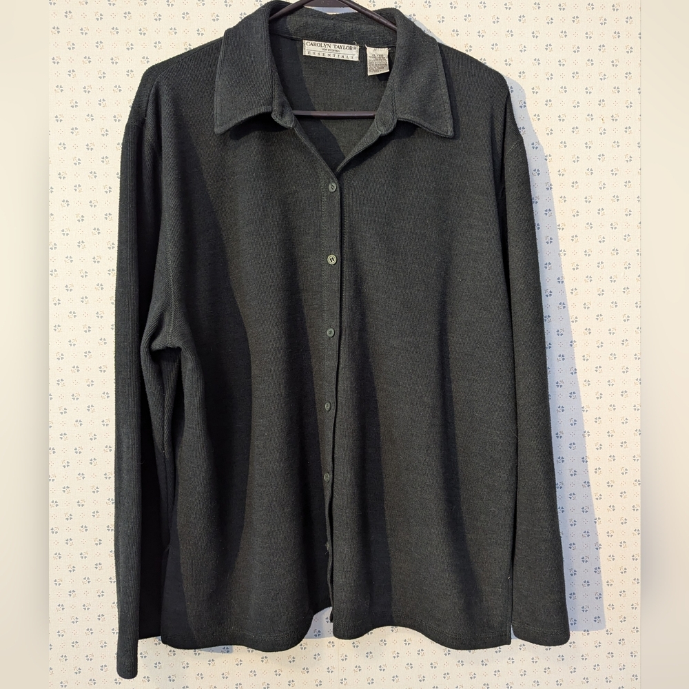 Vintage Carolyn Taylor XL Shirt Hunter Green Charcoal Button-Up Classic Cover up
